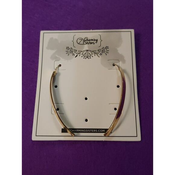 Long Dangle Threader Earrings Curved Bar Shiny Yellow Gold Tone Pierced New - Picture 2 of 5